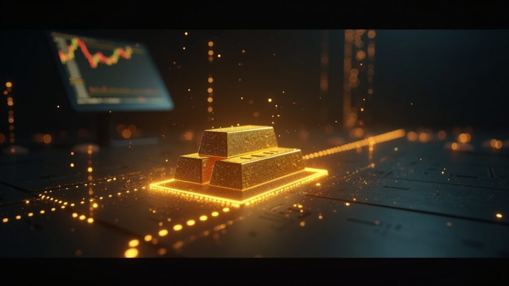 Photorealistic trading desk with holographic tokenized gold bars and blockchain links illustrating on-chain gold trading.