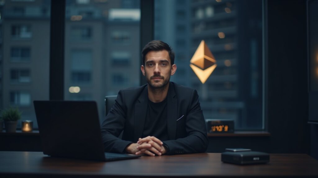 Photorealistic image of Ethereum founder in a modern office with glowing logo, hardware wallet, and austerity charts.
