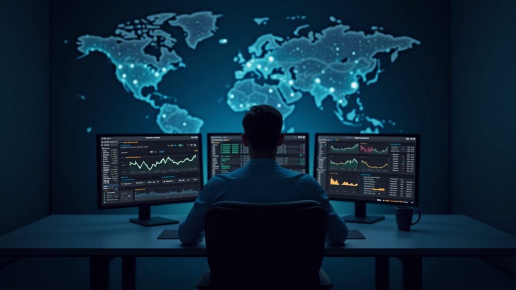 Photorealistic crypto wealth manager at a sleek desk with 3 monitors showing stablecoin yields and delta-neutral arbitrage