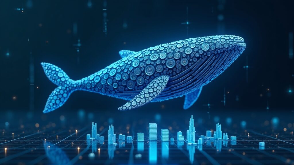 Photorealistic Cardano whale composed of ADA tokens towering over a digital price chart near $0.33, with a modern crypto newsroom backdrop.