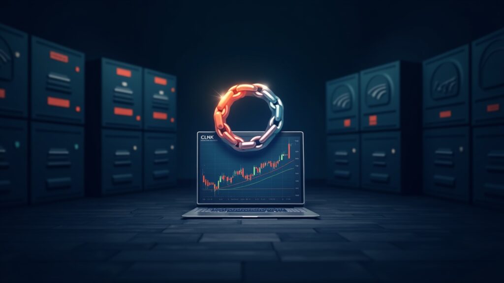 Chainlink logo rising over a modern trading floor with CLNK on a screen and custody vaults in view.