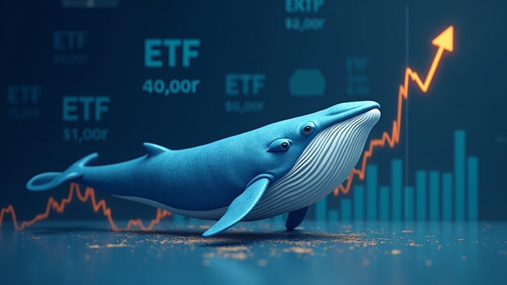 Realistic crypto whale over a ledger with rising LINK ticker and ETF logos in the background.
