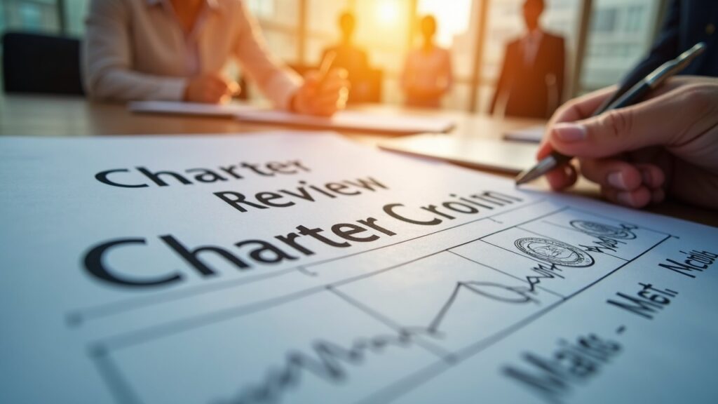 Photorealistic close-up of a charter-review document with a stablecoin blueprint, regulatory stamp, and silhouettes.