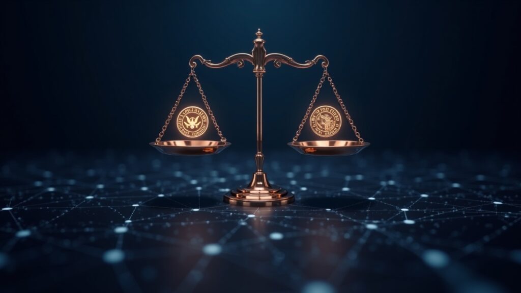 Center-stage blockchain ledger with glowing CFTC and SEC logos balanced like scales, network nodes, and a regulatory roadmap overlay.