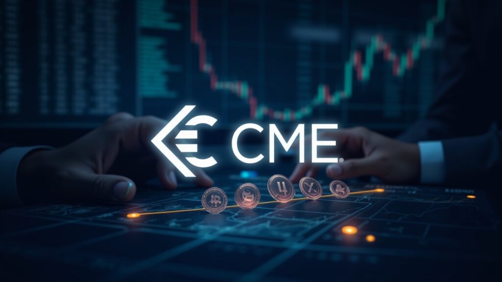 CME Group announced it will launch futures contracts for ADA, LINK and XLM Photorealistic trading floor with CME logo, holographic ADA, LINK and XLM tokens over futures charts and a focused trader.