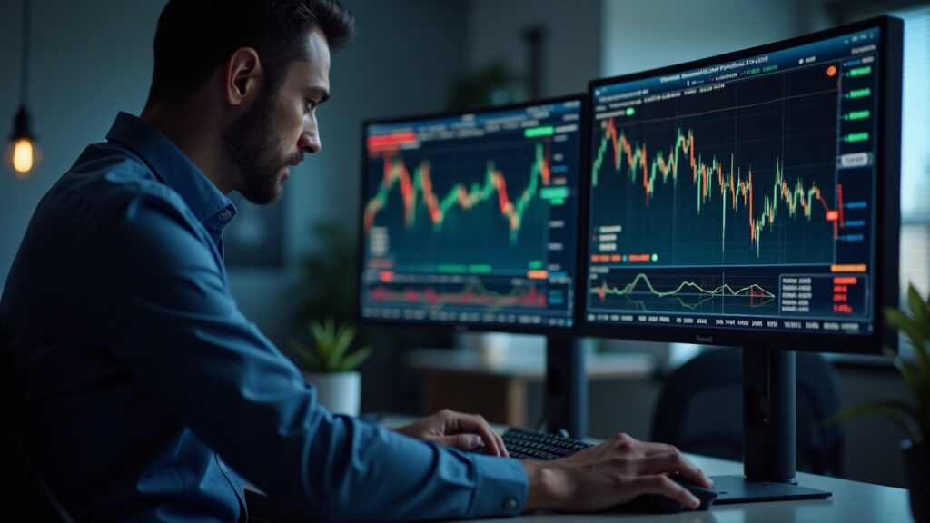 Professional trader at a desk with dual monitors showing gold and silver futures charts and rising margin percentages.