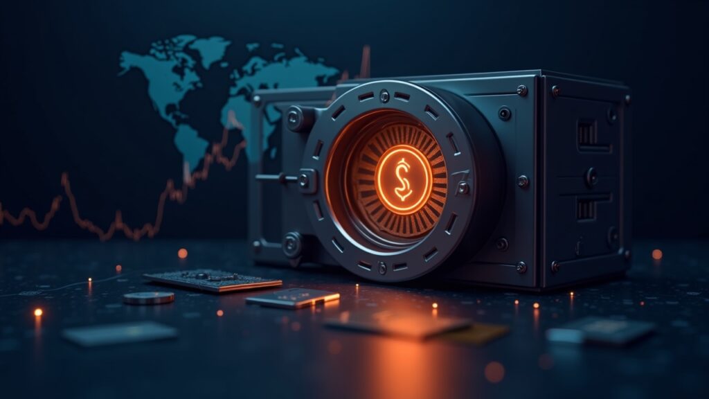 Photorealistic fintech vault with glowing COCA token, rising chart, digital cards, and global network backdrop.