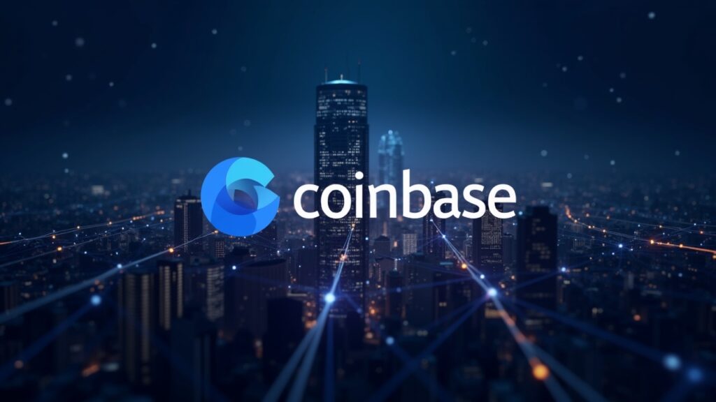Coinbase logo linked to Base network with glowing token streams and data nodes over a futuristic cityscape.