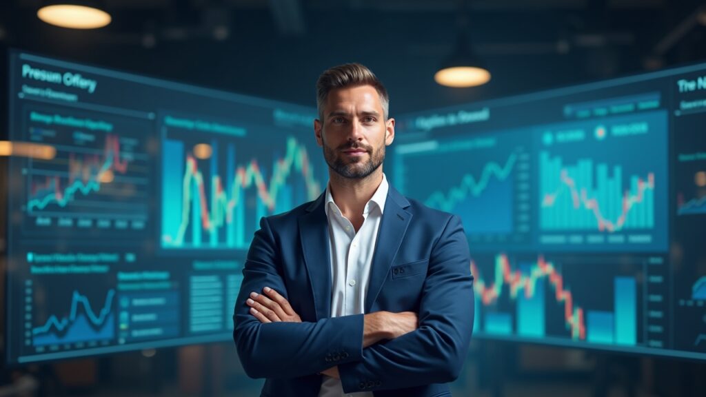 Center-shot photorealistic portrait of the CoinGecko CEO in a newsroom with holographic data charts signaling stability and growth