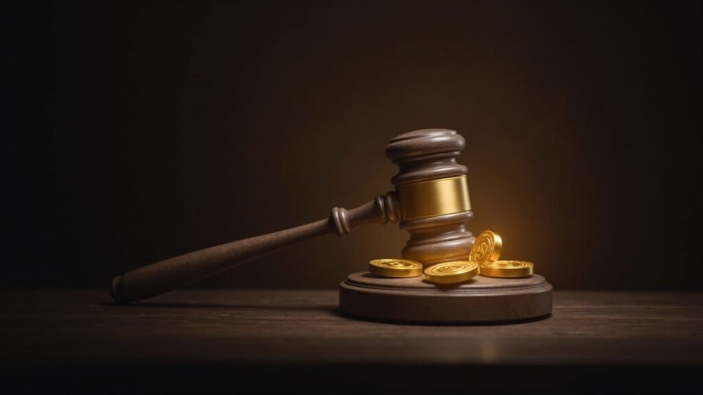 Photorealistic gavel beside a glowing crypto ledger with USDT icons, symbolizing court AML.