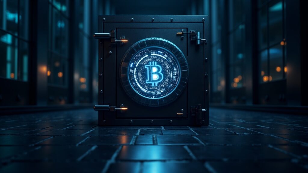 Photorealistic crypto custody vault with glass doors, glowing blockchain rings, and Wall Street skyline.