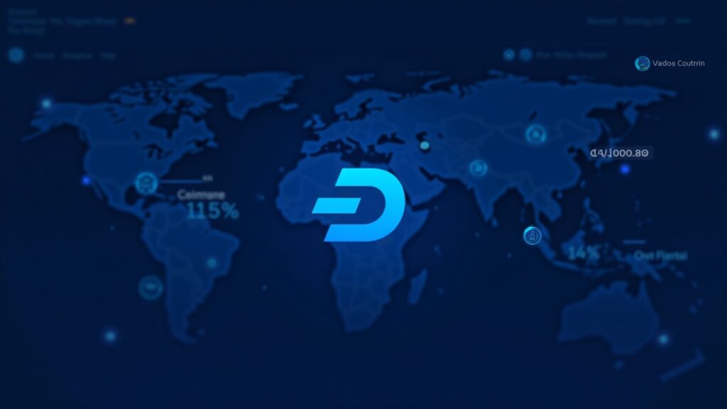 Dash price surges 125% as privacy-coin boom accelerates Photorealistic dashboard with Dash logo, 125% price rise chart, regulatory icons, and on-ramp map in blue fintech style.