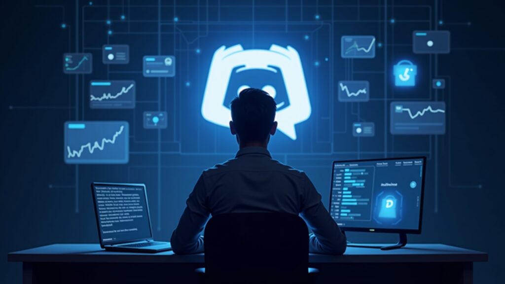 Photorealistic trader with a crossed-out Discord logo, a secure ticket desk, and glowing blockchain holograms.