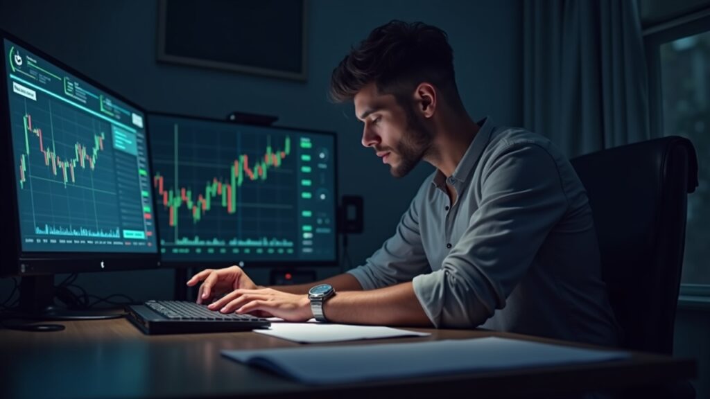 Photorealistic portrait of a DeFi pioneer at a sleek desk, ETH price charts, and a 10-to-1 odds bet slip in a risk-lit scene.