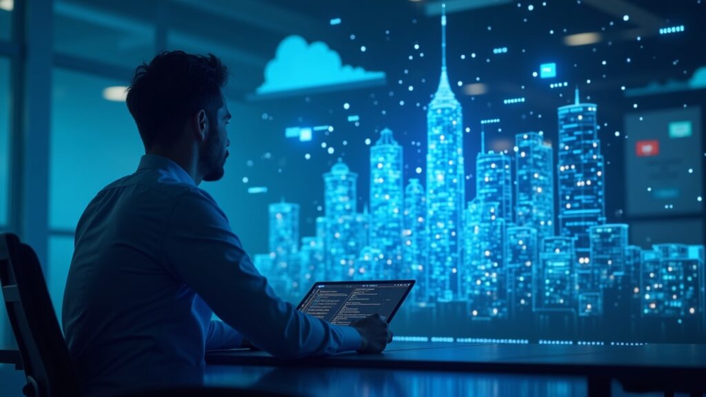 Photorealistic DePIN node network forming a city grid, investor viewing holographic revenue dashboard amid blue newsroom.