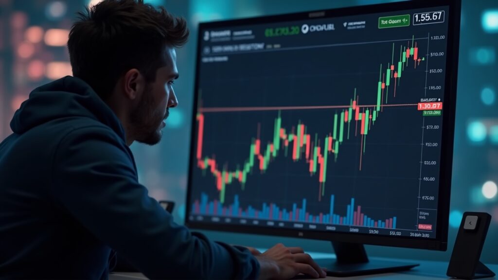 Photorealistic crypto trader analyzes a Dogecoin price chart with a bullish wedge breakout and 0.15–0.17 resistance.