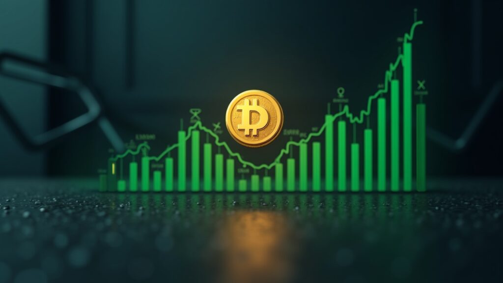 Dogecoin surges 7% as a double-bottom break sparks a significant DOGE rally Dogecoin coin at center with rising price chart, double-bottom breakout, and green volume bars in a crypto newsroom.