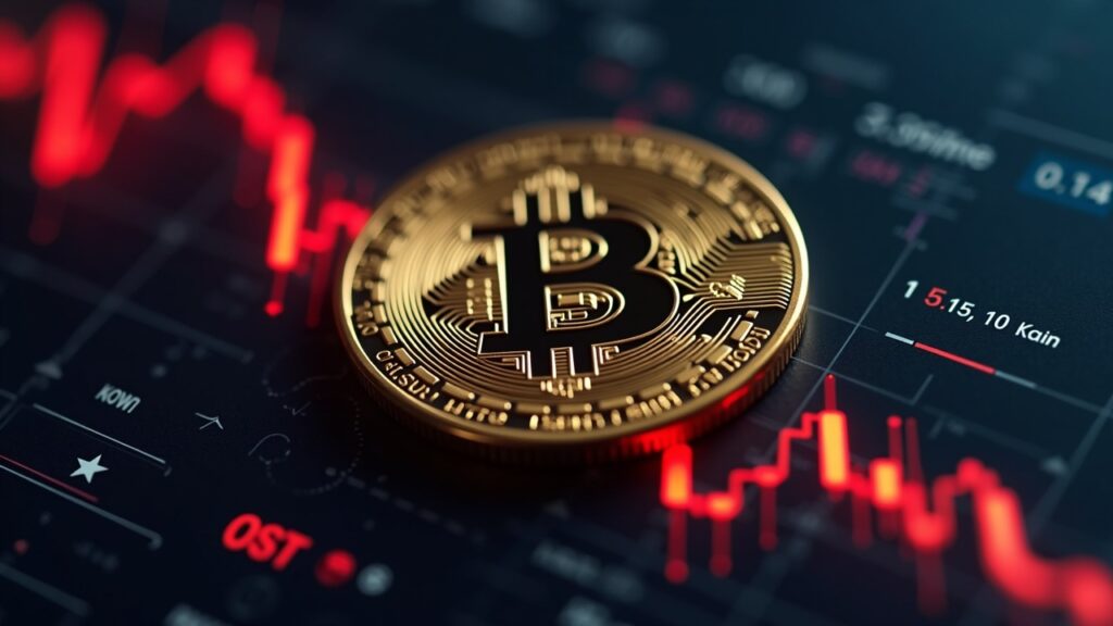 Photorealistic close-up of a crypto coin with a dog silhouette and a red downtrend chart at the 0.124 level