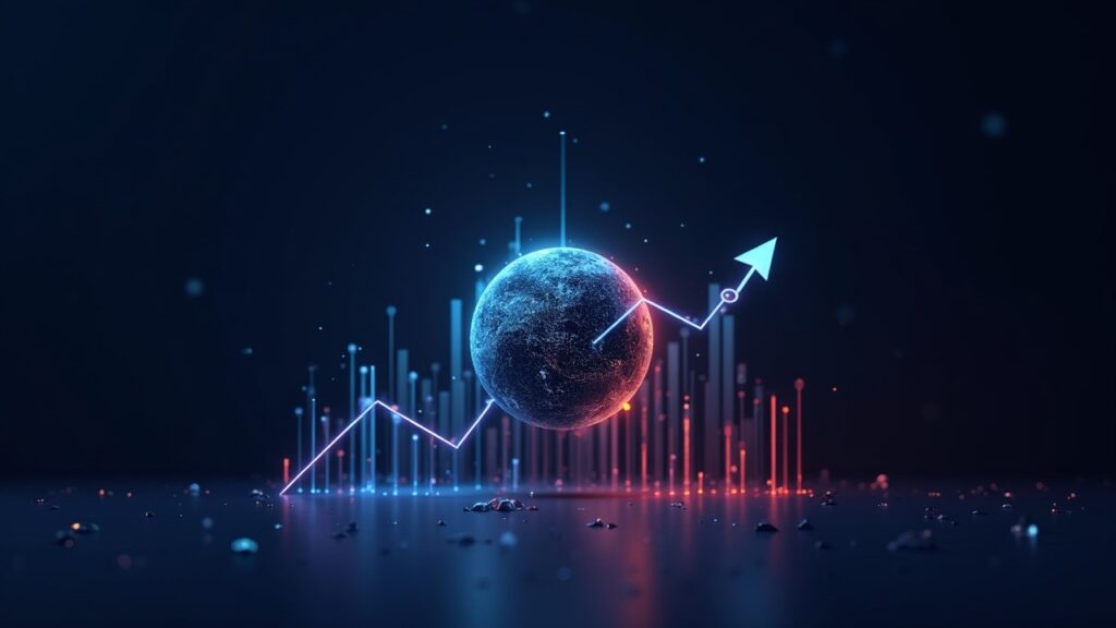 Futuristic crypto newsroom with a Dogecoin price chart breaking above key levels and bullish candles.