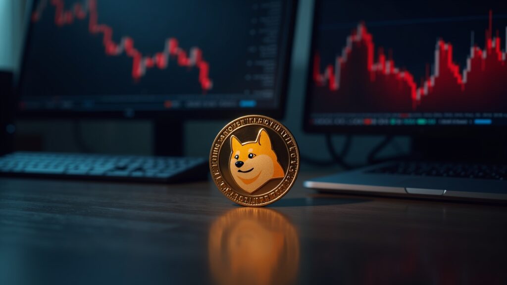 Photorealistic Dogecoin coin centered on a modern trading desk with red price charts on monitors and subtle whale movements.