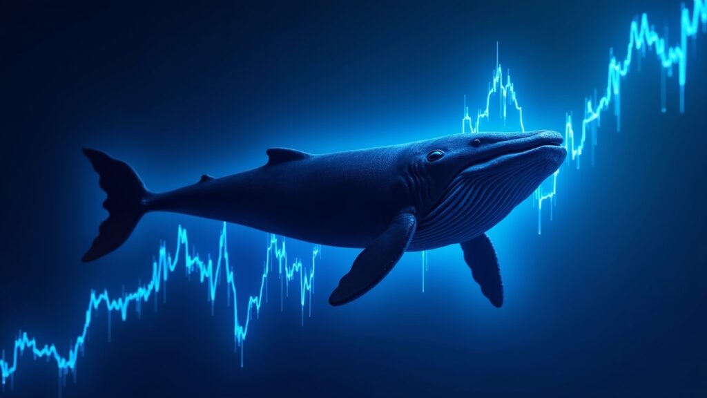 Photorealistic header showing Dogecoin price chart dropping with a whale silhouette over the axis, blue neon lighting