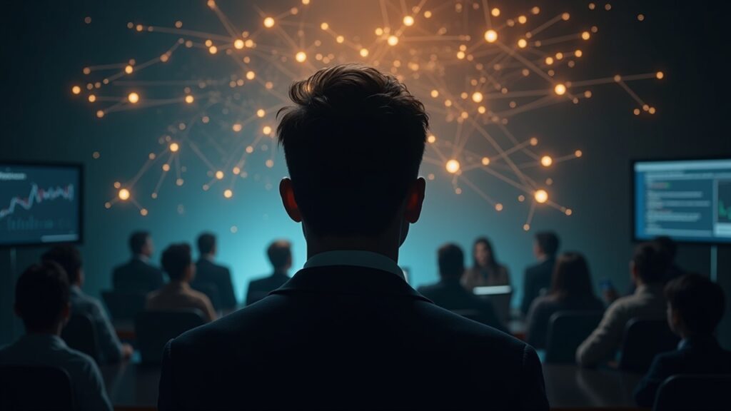 Photorealistic crypto governance scene: a large wallet silhouette links to smaller wallets with vote charts