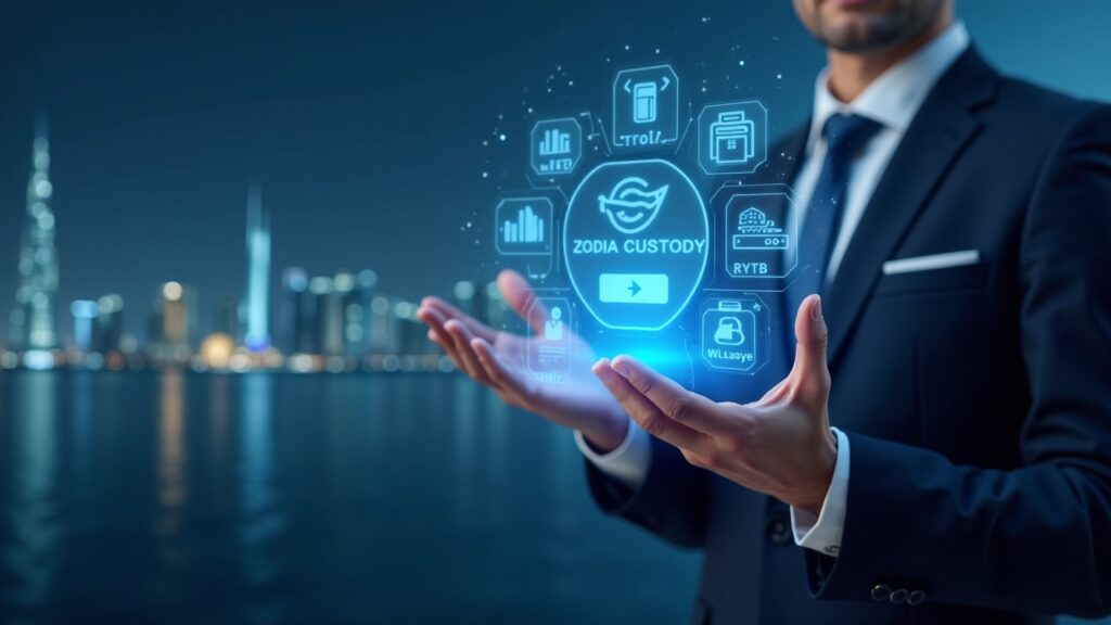 Dubai Insurance executive presenting crypto-enabled wallet interface with Zodia Custody branding against Dubai skyline.