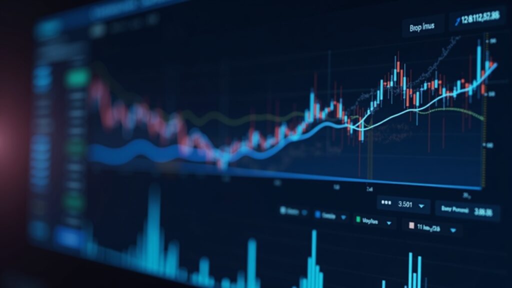 Photorealistic header of a crypto trading dashboard with dynamic volume bars and neon lines, highlighting non-BTC trades.