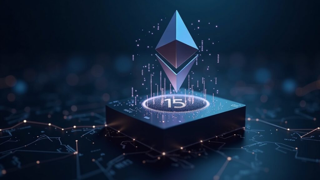 Ethereum raises blob limit to 21 to boost the efficiency of its layer 2 networks Photorealistic Ethereum block icon with 21 glowing data blobs, PeerDAS waves, and a newsroom backdrop.