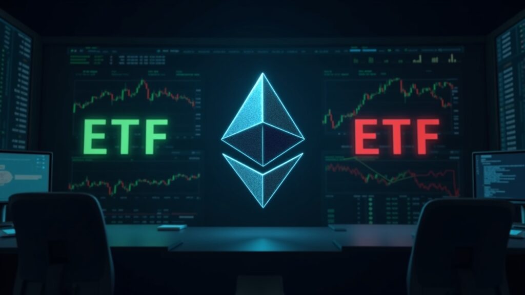 Photorealistic newsroom with Ethereum logo, green inflow arrows, red outflows, and data screens.