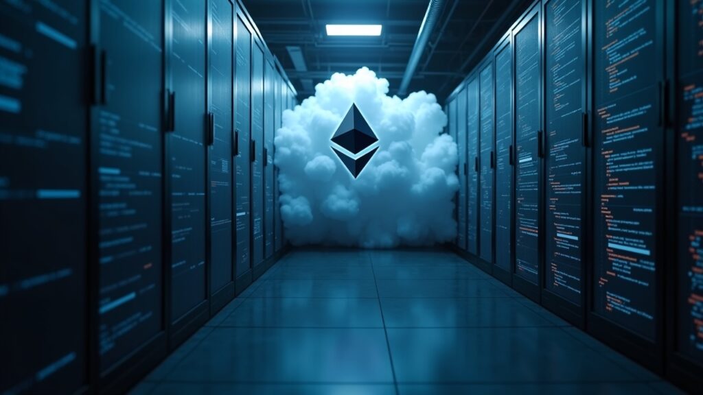 Photorealistic Ethereum data center with a code cloud dissolving into modular blocks, signaling urgent protocol cleanup.