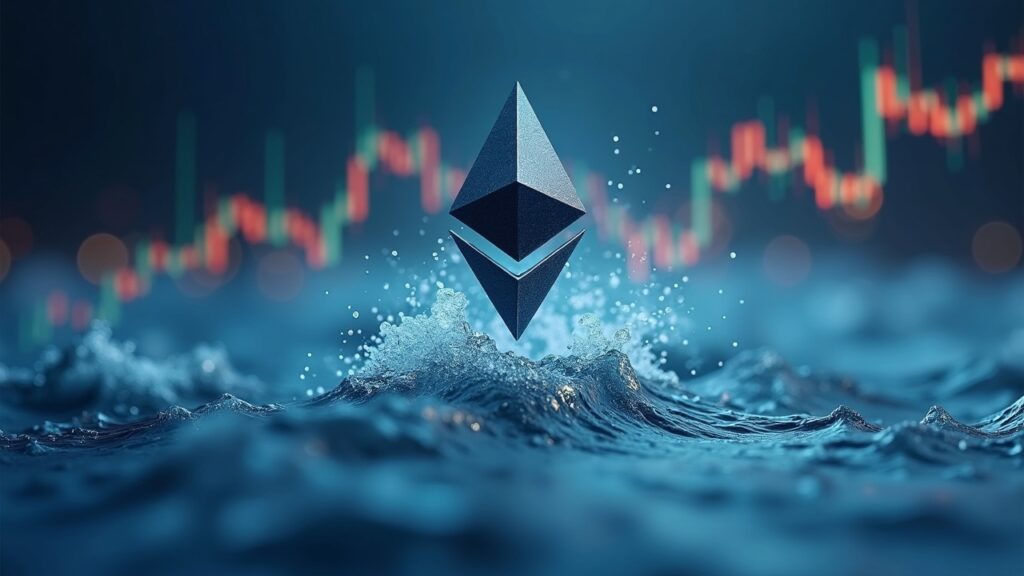 Hyperrealistic Ethereum logo rising above a global liquidity wave with faint stock charts in the background