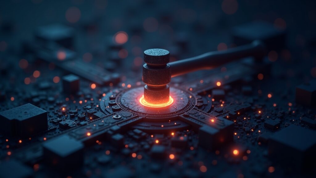 Ethereum must pass ‘walkaway test’ to endure for 100 years: Buterin Photorealistic hammer resting on a glowing Ethereum foundation, with Layer-2 bridges and quantum-resistant shields.