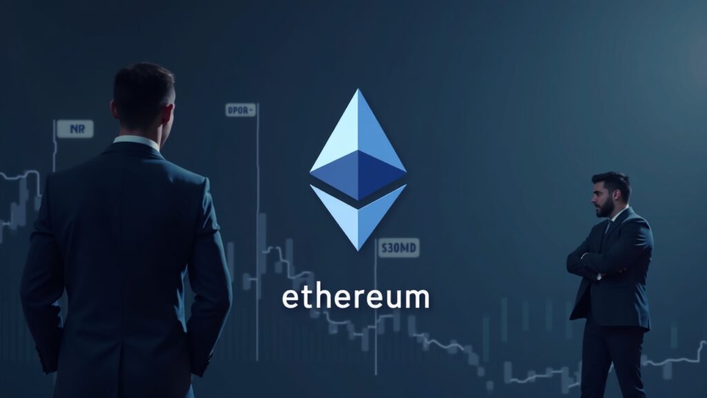 Ethereum logo with a rising whale, dip ticker, and a cautious institutional figure in a sleek newsroom scene.