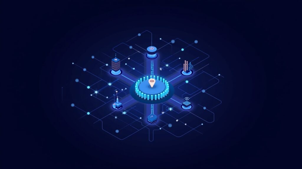 Farcaster logo with neon city, connected nodes, rising chart, and wallet icons, signaling investor return and tooling pivot.
