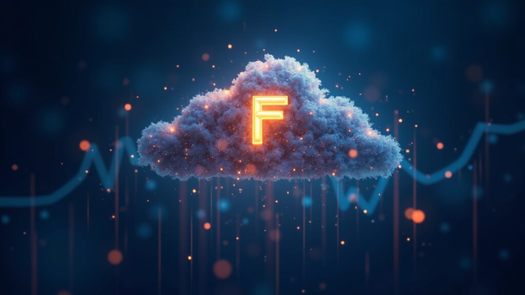Photorealistic header showing Filecoin logo in a glowing decentralized storage cloud with AI data streams and a rising chart.