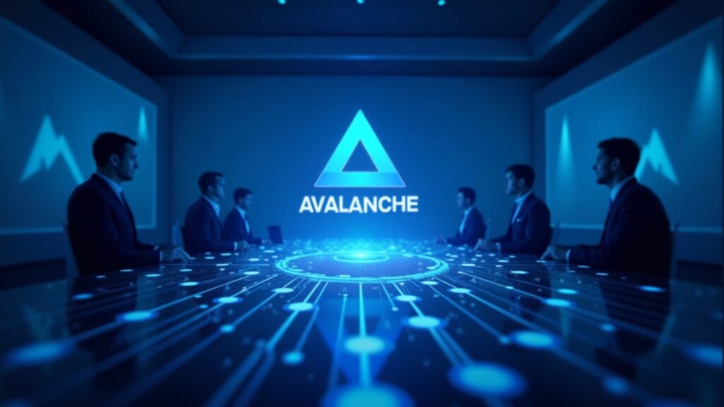 Galaxy closes first $75M blockchain-based CLO on Avalanche Photorealistic header of blockchain network with Avalanche logo, tokenized CLO layers, and analysts in a newsroom.