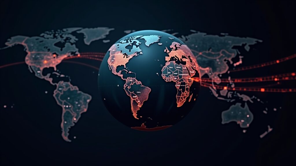 Photorealistic globe with glowing USDT lines crossing borders, a redacted sanctions barrier, under newsroom lighting.