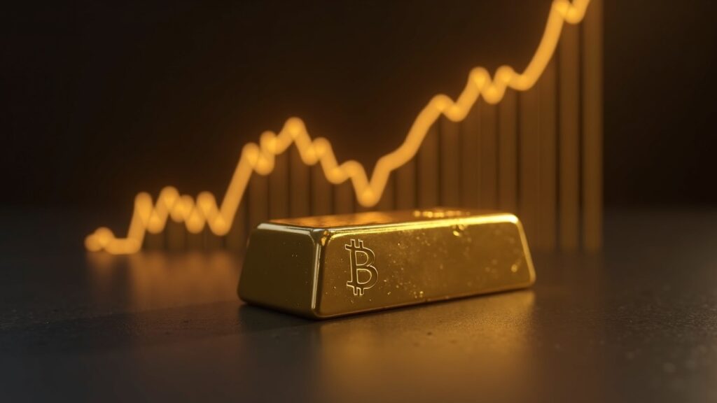 Photorealistic close-up of a gold bar on a reflective desk with an upward price chart and a fading Bitcoin symbol in the background