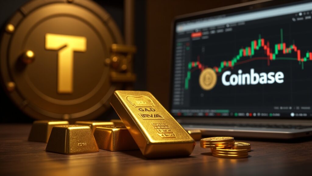 Gold vault with bars, Tether logo, and a Coinbase futures trading screen in a sleek newsroom setting