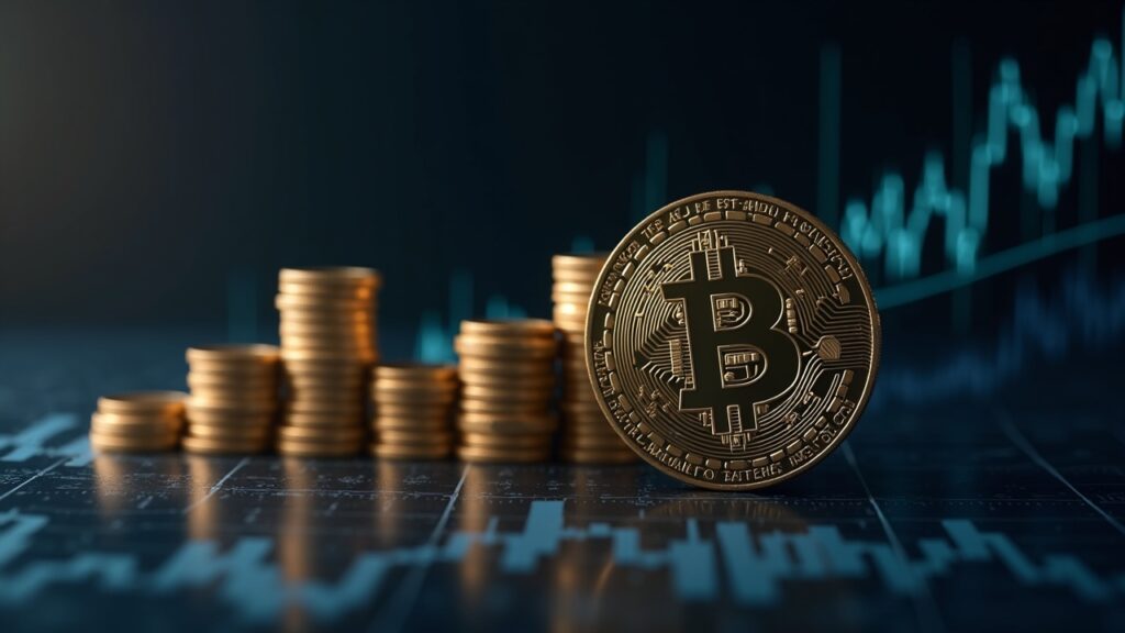 Photorealistic Bitcoin and upward stock charts converge with a subtle Goldman Sachs motif signaling institutional crypto adoption.