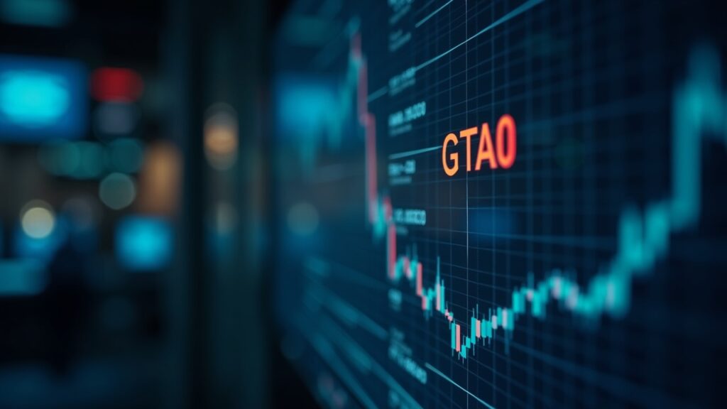 Photorealistic trader monitors TAO on a glowing GTAO NYSE Arca screen with a blockchain backdrop.