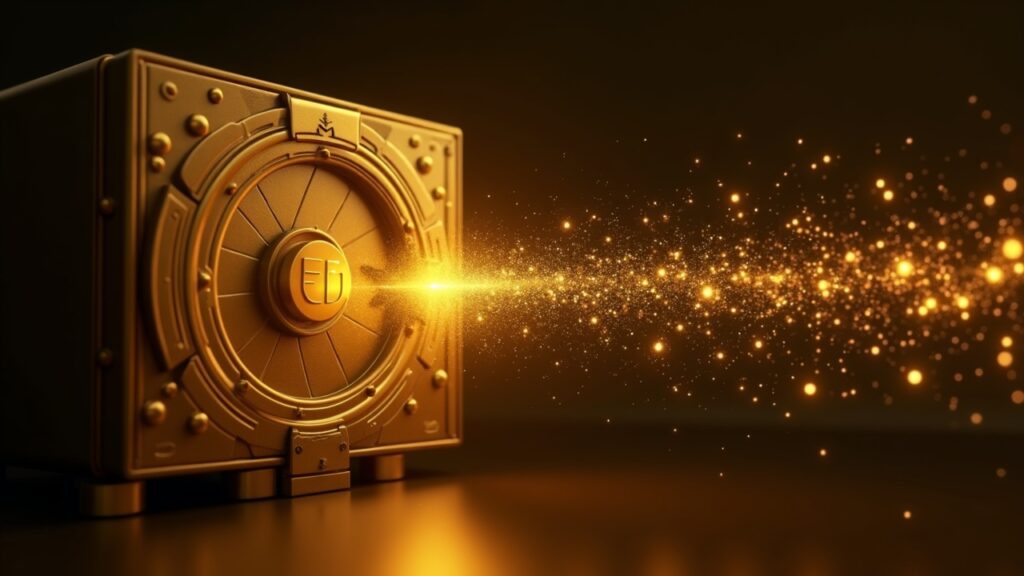 Photorealistic gold vault with glowing token overlay and a blockchain ledger illustrating tokenized gold ETF.