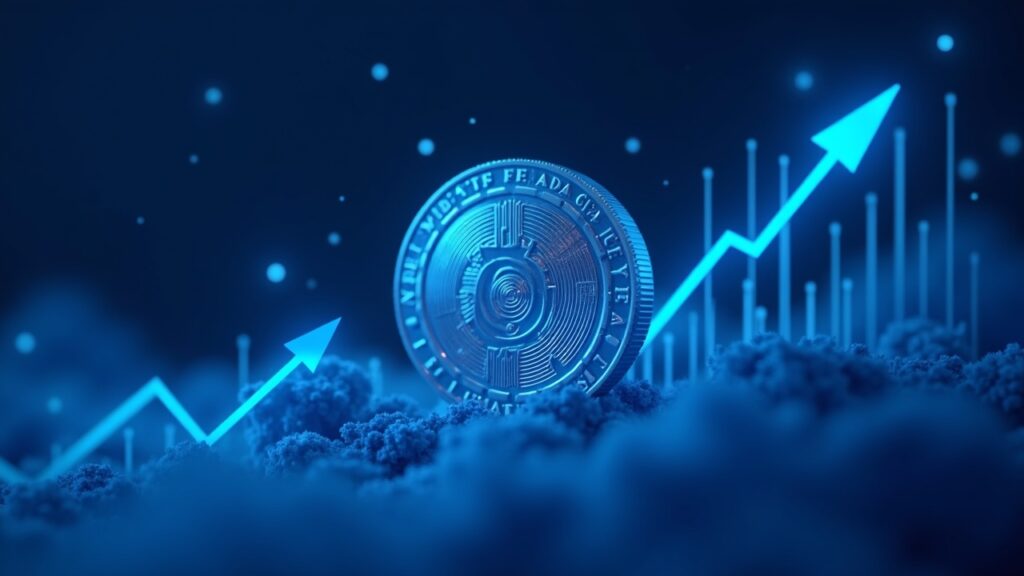 Photorealistic Hedera HBAR coin with rising charts and arrows toward the 50-day EMA as a fintech backdrop.