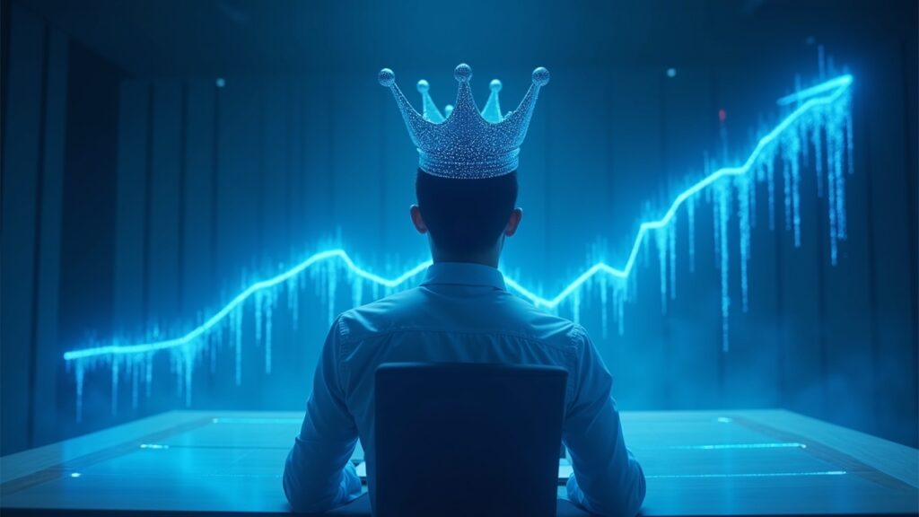 Photorealistic trader at a sleek desk with blue data streams forming a rising chart, signaling Hyperliquid revenue edge.