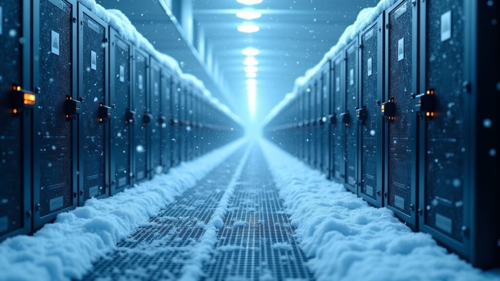 Bitcoin miners in the southern US to curtail operations ahead of imminent massive winter storm Frost-covered Bitcoin mining farm in an ice storm with grid lines and a hash-rate overlay illustrating flexible load.