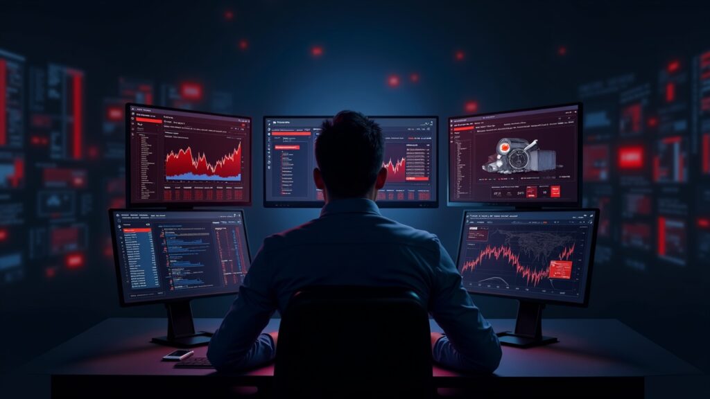 Crypto trader at a desk with several screens, cracked vault icon, and red data streams illustrating a credential dump.