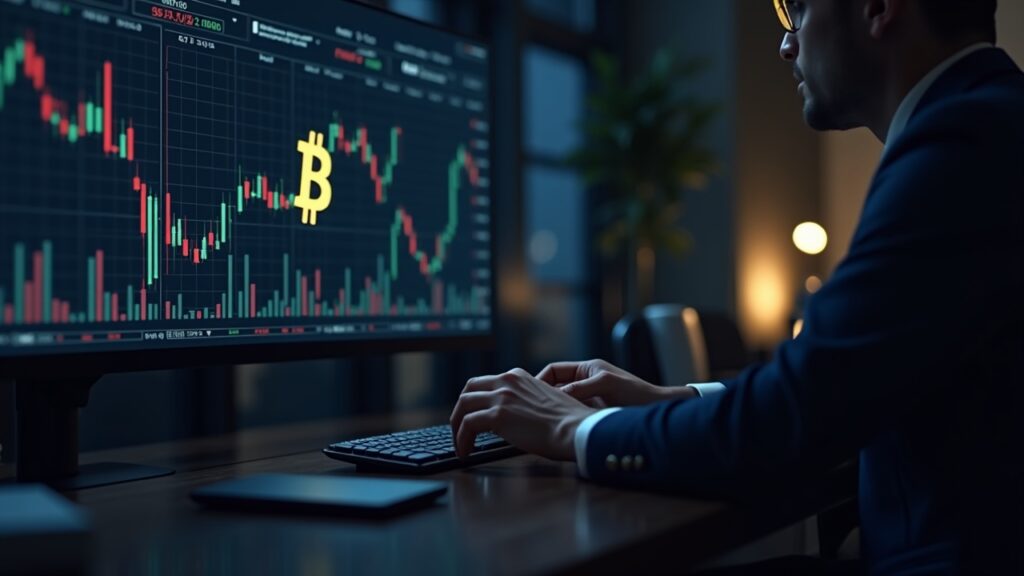 Swiss bank Sygnum raises over 750 BTC for its new market-neutral fund Photorealistic bank trading desk with a prominent BTC symbol on a screen and multi-exchange arbitrage charts.