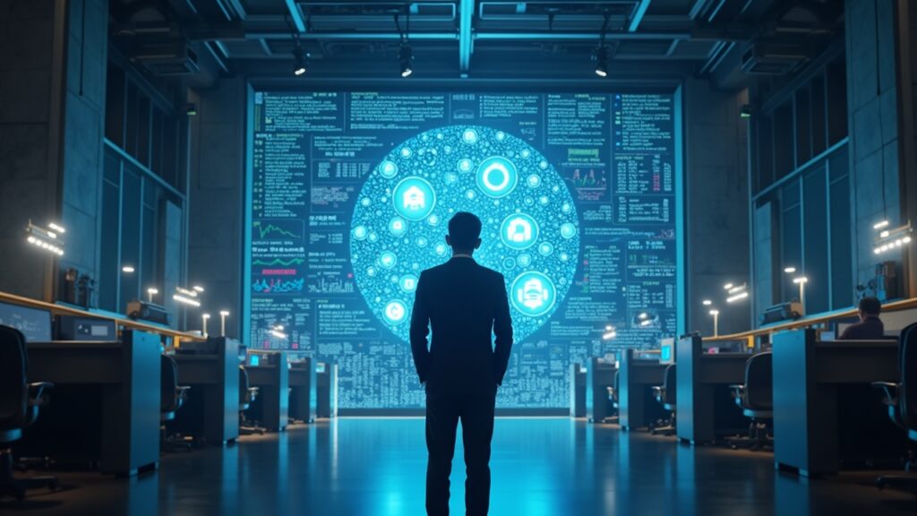 Photorealistic scene of a Japanese finance official at the Tokyo Stock Exchange with digital asset icons forming a gateway.