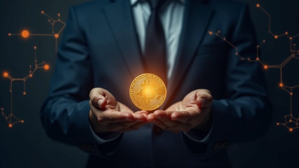 Photorealistic bank exec presents a glowing JPMD token before a Canton Network lattice of digital rails.